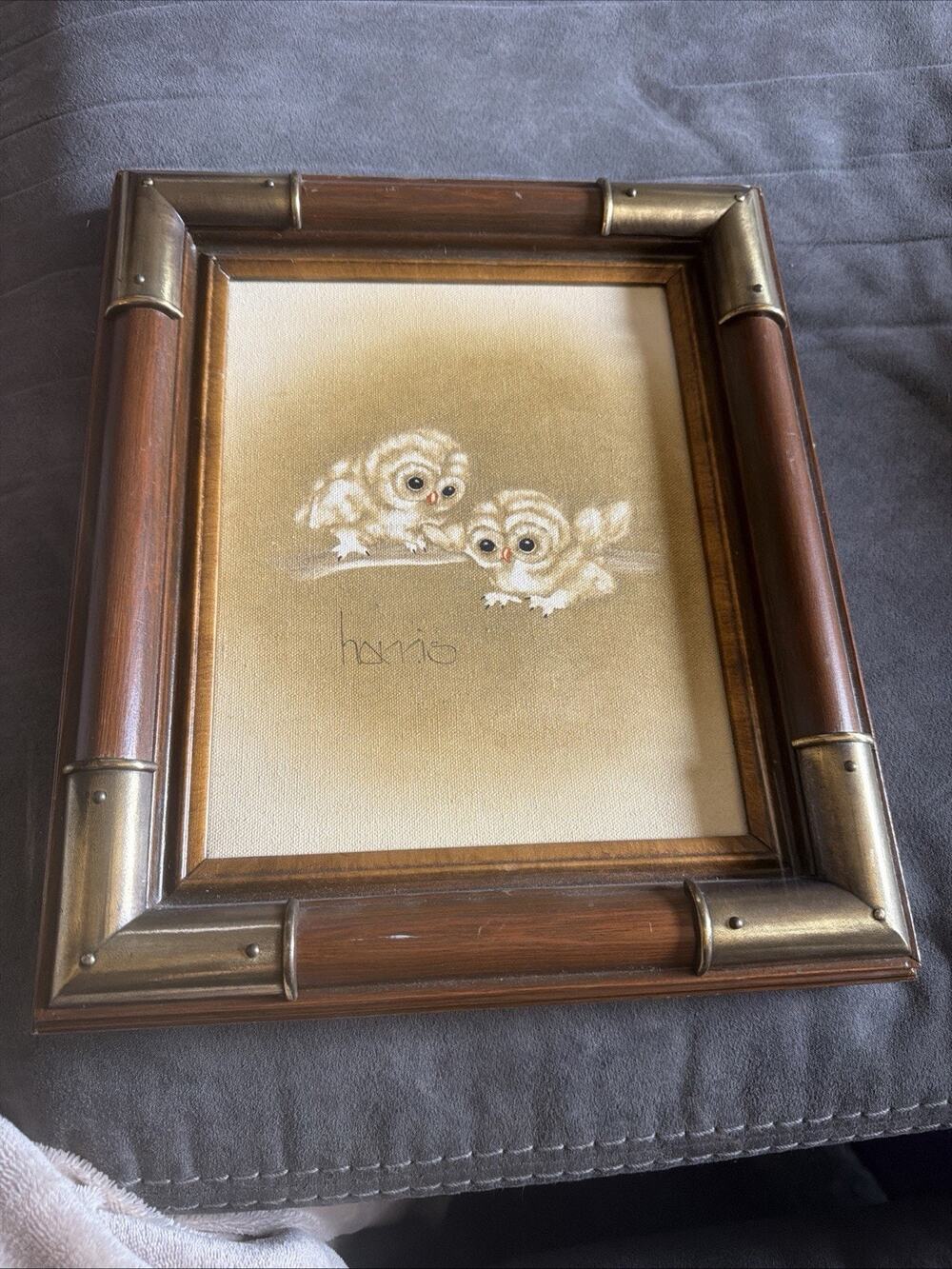 Vintage 1982 Harris Signed Baby Owls Oil Painting Framed "Flying Ace" 8x10 Art